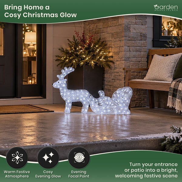Acrylic Reindeer & Sleigh Christmas Decoration with 160 White LED Lights, Waterproof Indoor & Outdoor Display, 5m Cable