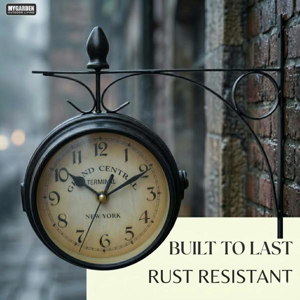 My Garden Outdoor Living My Garden Outdoor Station Clock - Weather Resistant Garden Wall Clock with Metal Bracket, Silent Vintage Hanging Design
