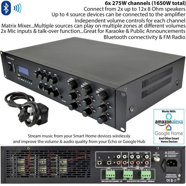 1650W Bluetooth Sound System & 6x 140W In Wall Speakers - 6 Zone Multi Room Amp