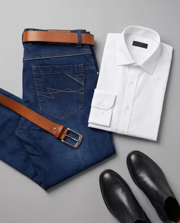 Blue jeans, white shirt, brown belt, and black shoes on a gray background