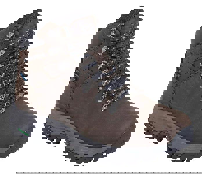 Karrimor Mendip 4 Womens Waterproof Hiking Trekking Ankle Boots, brown leather hiking boot with black and gray details, durable sole, and padded ankle support.