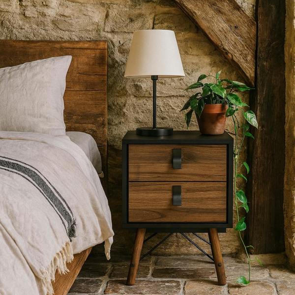 Wyld Haus Juno Black and Walnut Wood Bedside Table 2 Drawer