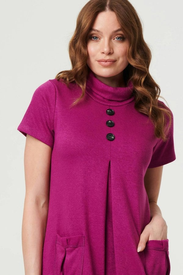 Purple | Cowl Neck Button Front Short Shift Dress
