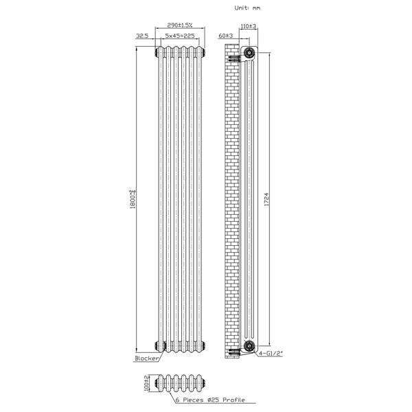 Monstershop Traditional 3 Column Radiator - 1800 x 290mm - Raw Metal