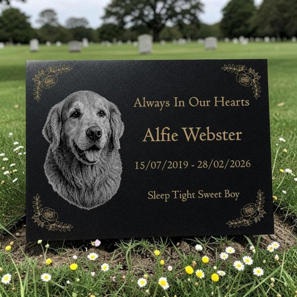 Memorials Direct Dog Memorial Granite Photo Plaque - Floral Design
