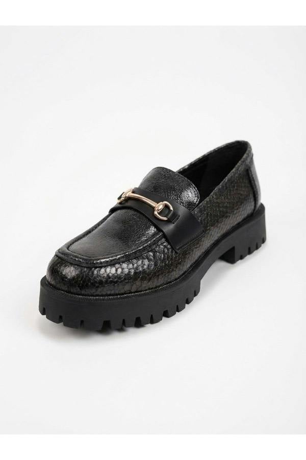 Poppy Snakeskin Chunky Loafers - Black