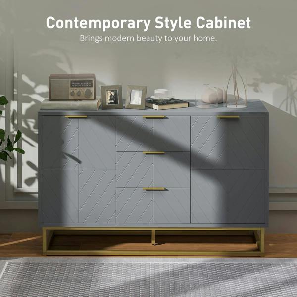 Grey sideboard cabinet with 3 drawers, geometric doors, and raised wooden base
