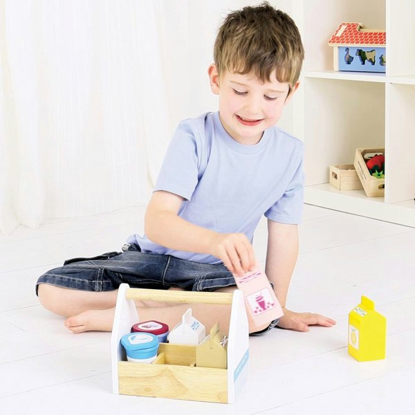 Bigjigs Toys Wooden Dairy Delivery Set - Includes Wooden Crate & 6 Dairy Pieces