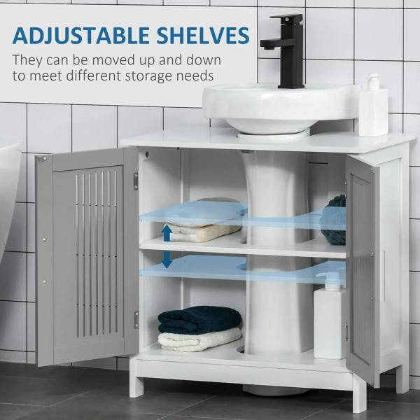 Grey under-sink cabinet with adjustable shelves and open doors for flexible storage.