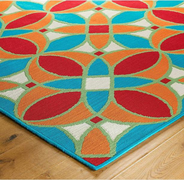 Outdoor Rug Moroccan Trellis Orange Blue Red Mat Large Small XL for Decking Patio Garden Multi Colour Flatweave Carpet