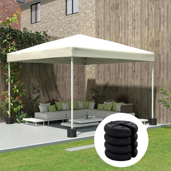 Black stacked tent leg weight plates shown in close-up on a canopy base