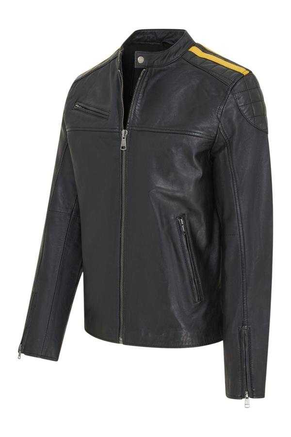 Infinity Leather Men's Classic Quilted Black Yellow Leather Biker Jacket - Meridian