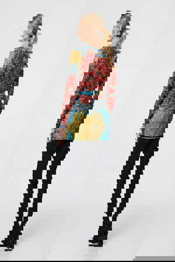 Blue | Printed Tie Waist Long Sleeve Wrap Tunic Top
