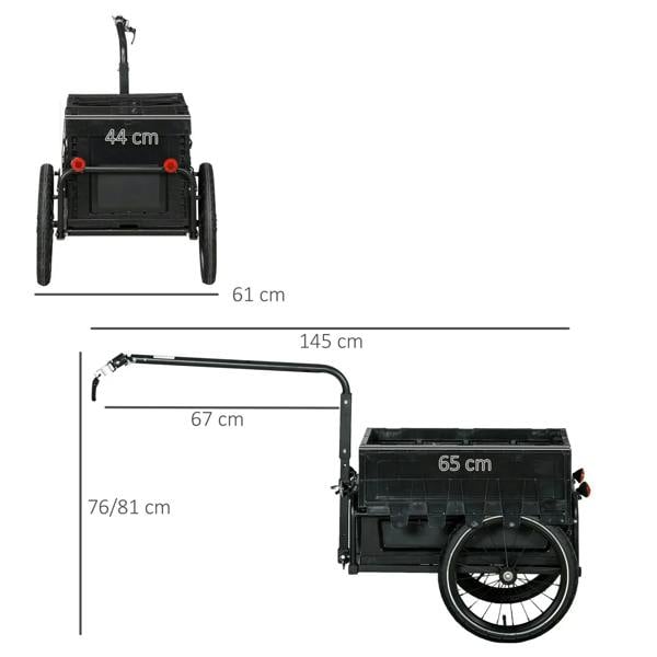 Black 65L bicycle cargo trailer with storage box, rear wheel view, and frame dimensions