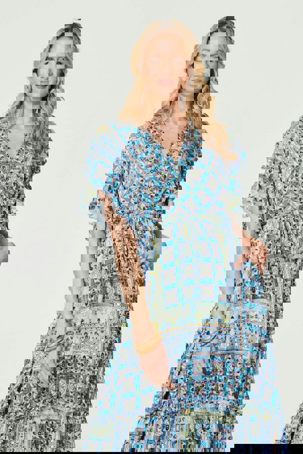 Blue | Printed Frill Sleeve Maxi Dress