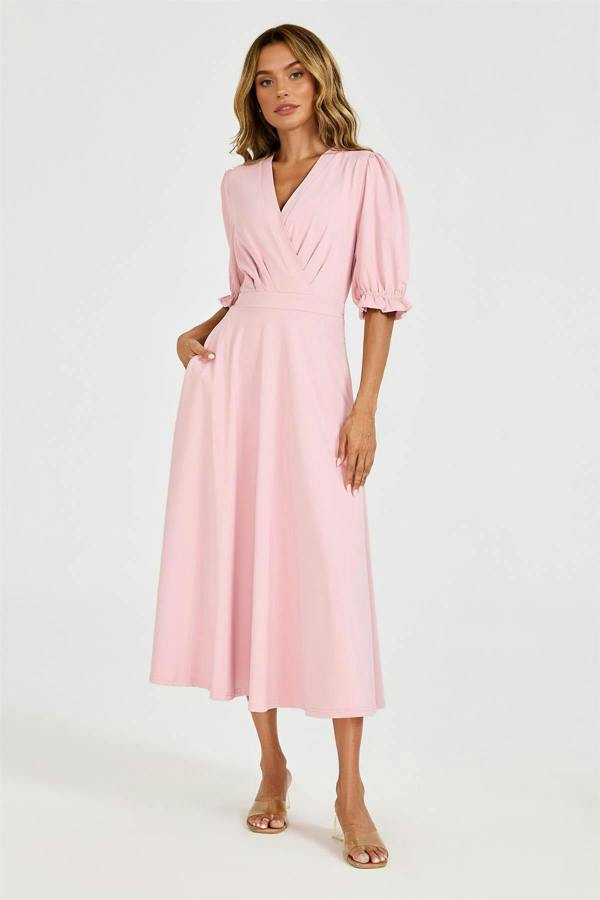 FS Collection Half Sleeves Jersey Midi Dress with Wrap Neckline In Dusty Blush