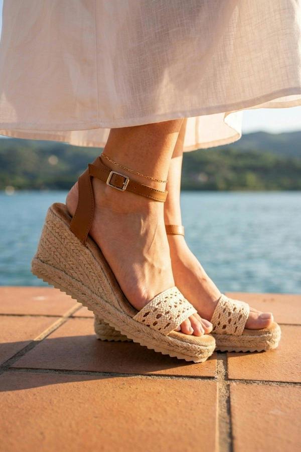 Pearl Crochet Strap Espadrille Wedge Sandals - Beige