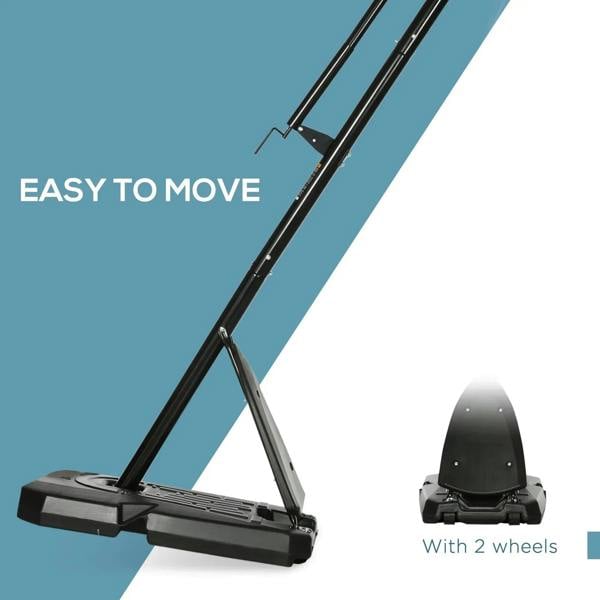 Black portable basketball hoop stand with base wheels for easy moving