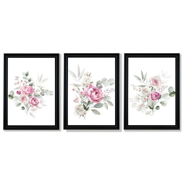 Set of 3 Pink Roses with Eucalyptus Bouquets Framed Art Prints with Vermeer Black Frames
