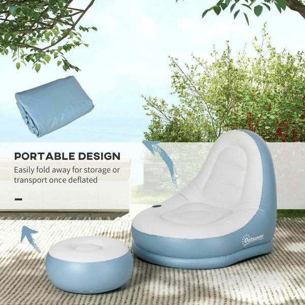 Inflatable tub chair with footstool, white interior and light-blue outer shell