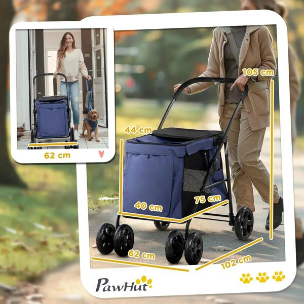 Dark blue dog stroller with front access opening and cushioned base on four wheels