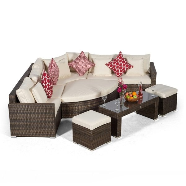 Giardino Santorini L Shape Modular 5 Seat Rattan Corner Sofa Set With Daybed Ottoman, Large Coffee Table & 2 Stools