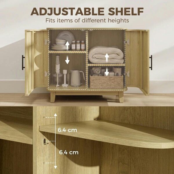 80cm Sideboard Buffet Cabinet, Storage Cabinet with 2 Curved Doors, Adjustable Shelf and Legs for Dining Room, Oak