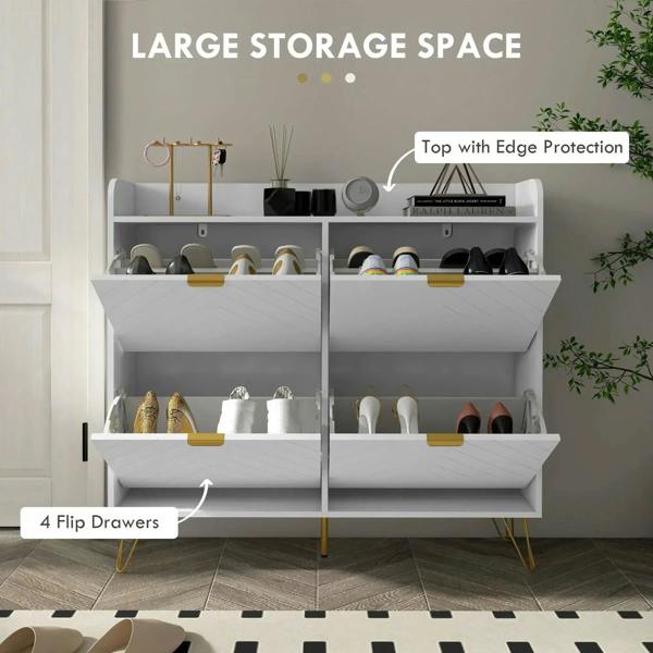 White shoe cabinet open front with large top storage and two rows of flip drawers