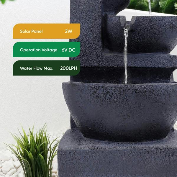 Gardenwize Solar-Powered 4-Tier Cascading Black Ceramic Water Feature with Battery Backup