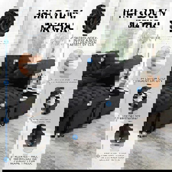 Madrid Velvet 3 Seater Pullout Sofa Bed in Black with Reversible Storage Chaise