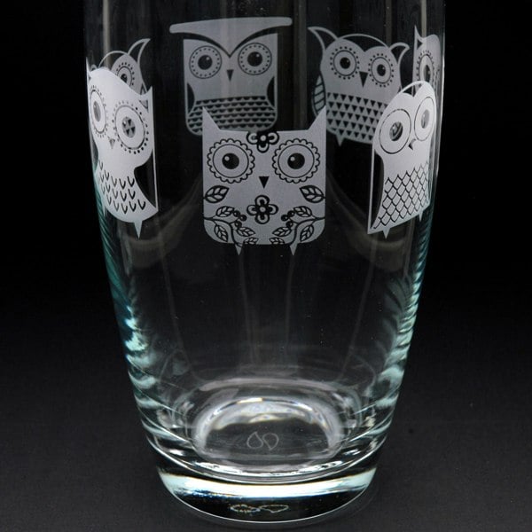 Glyptic Glass Art Cartoon Owl Glass Botanica Vase - Hand Etched/Engraved Gift