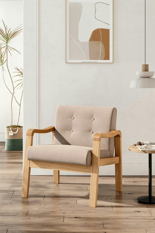 Living and Home Beige Wood Frame Upholstered Armchair with Square Leg