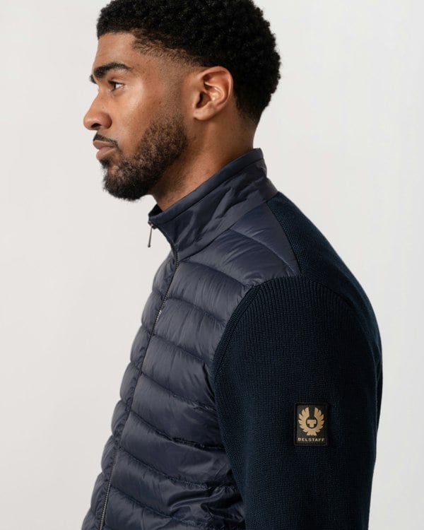 Model wearing Belstaff Control Mens Hybrid Jacket in Dark Ink -  detail