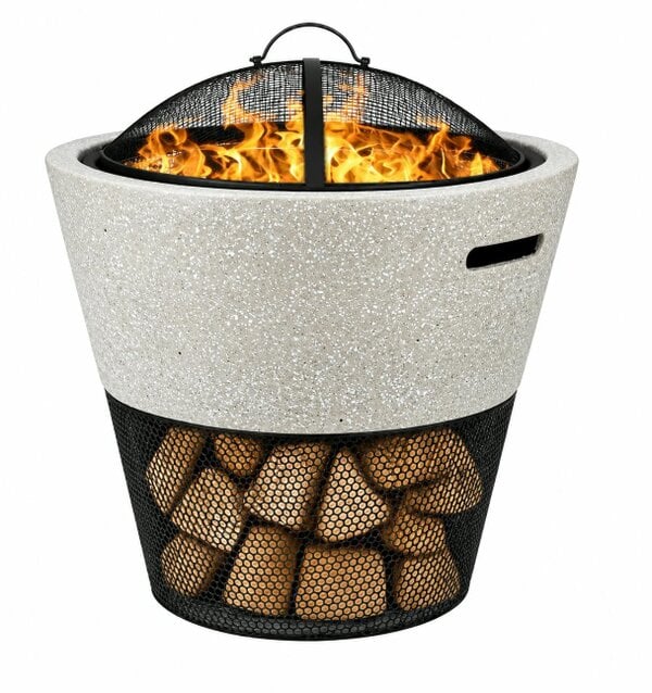 Gardenwize MGO Round Firepit BBQ with Log Storage – 2-in-1 Outdoor Fire Bowl & Grill - Light Grey