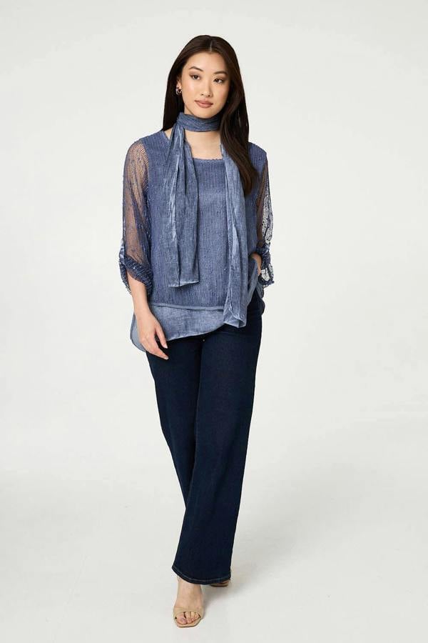Navy | Sparkly Mesh Scarf Detail Layered Top