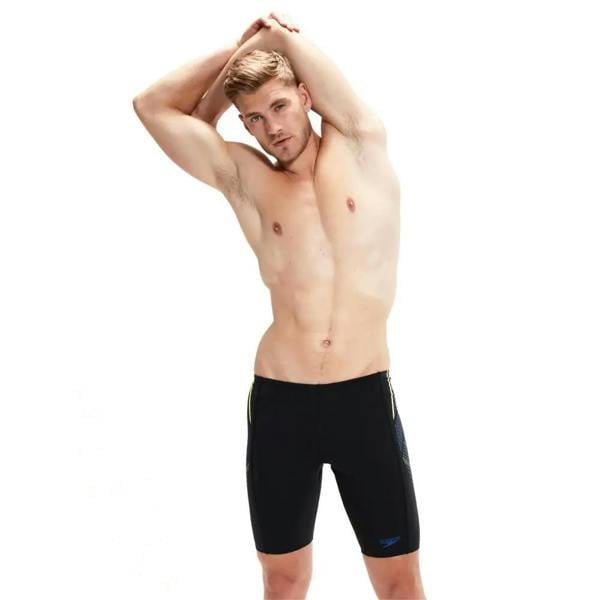 Sleek black and gold Speedo Tech Panel Jammer in eco Enduraflex fabric