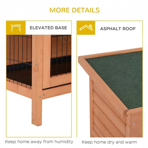 Orange wooden rabbit hutch with elevated legs and green asphalt-style roof panel