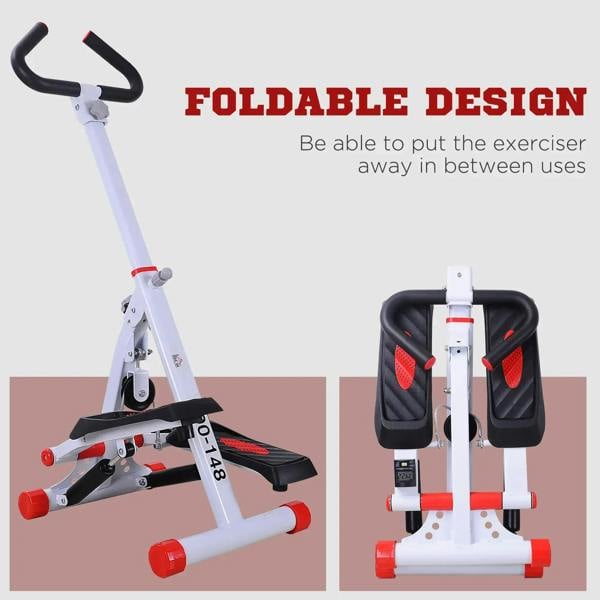 Foldable fitness stepper with black base pads, red accents, and handlebar