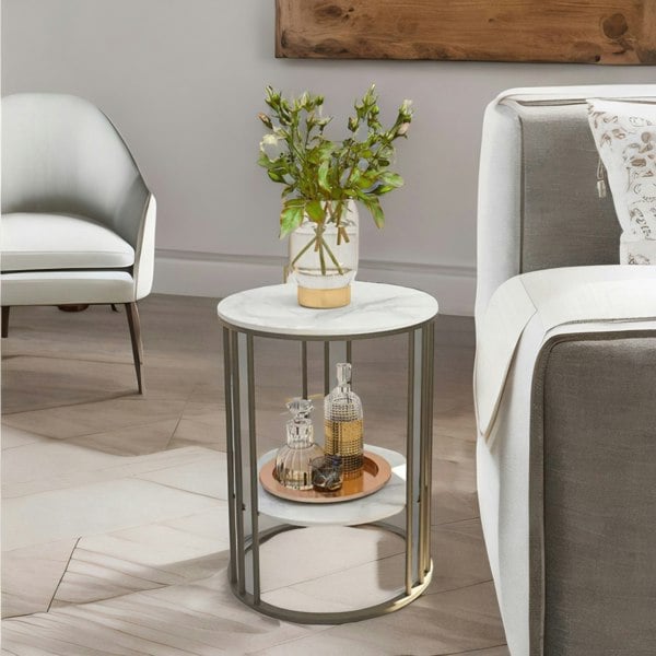 Rafaelo Mobilia 2 Tier Round Faux Marble Heavy Duty Side Table Black