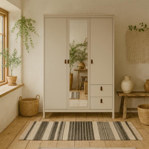 Wyld Haus Wildberry Cashmere Wooden Mirror Wardrobe with 3 Doors 2 Drawers Leather Handles
