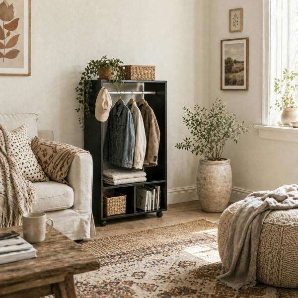 Wyld Haus Beladell Small Black Open Wardrobe On Lockable Wheels With Hanging Rail And 2 Shelves