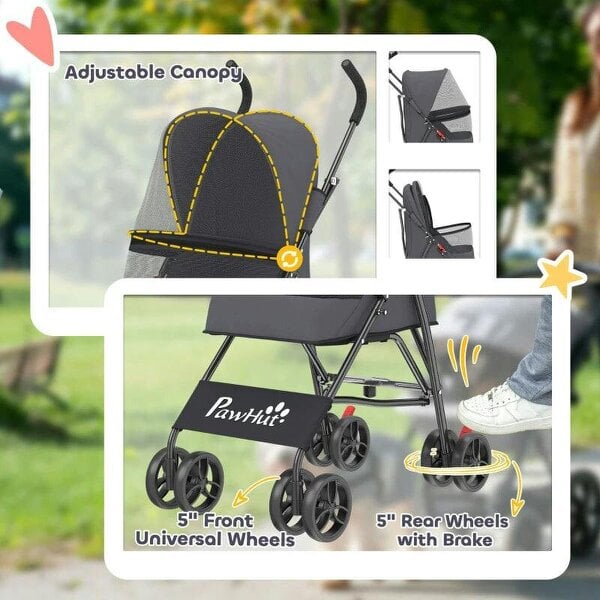 Dog Stroller, Foldable Cat Dog Pram for Miniature Breeds, Pet Stroller with Brake, Mesh Windows, Dark Grey