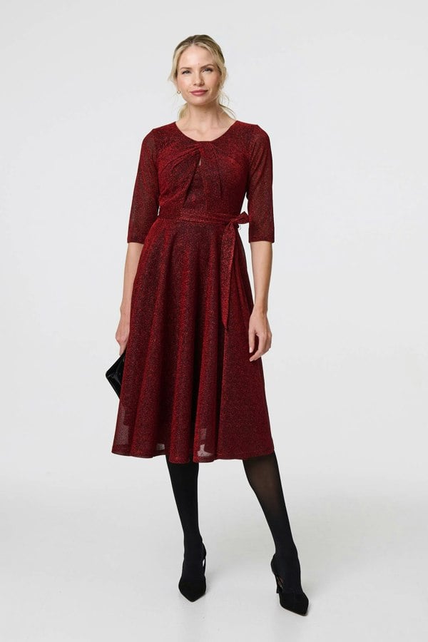 Red | Glitter Mesh Twist Front Midi Dress
