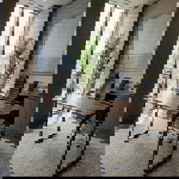 Walnut Executive Office Desk with black chair in the back and a carpet underneath.