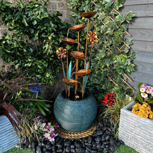 Tranquillity Water Features Copper Leaf Flower & Bowl Modern Metal Water Feature