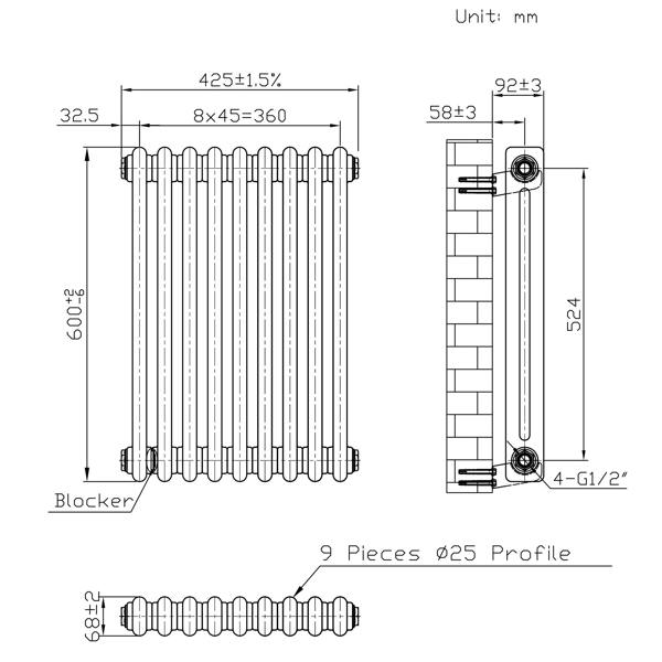 Monstershop Traditional 2 Column Radiator - 600 x 425mm - Raw Metal
