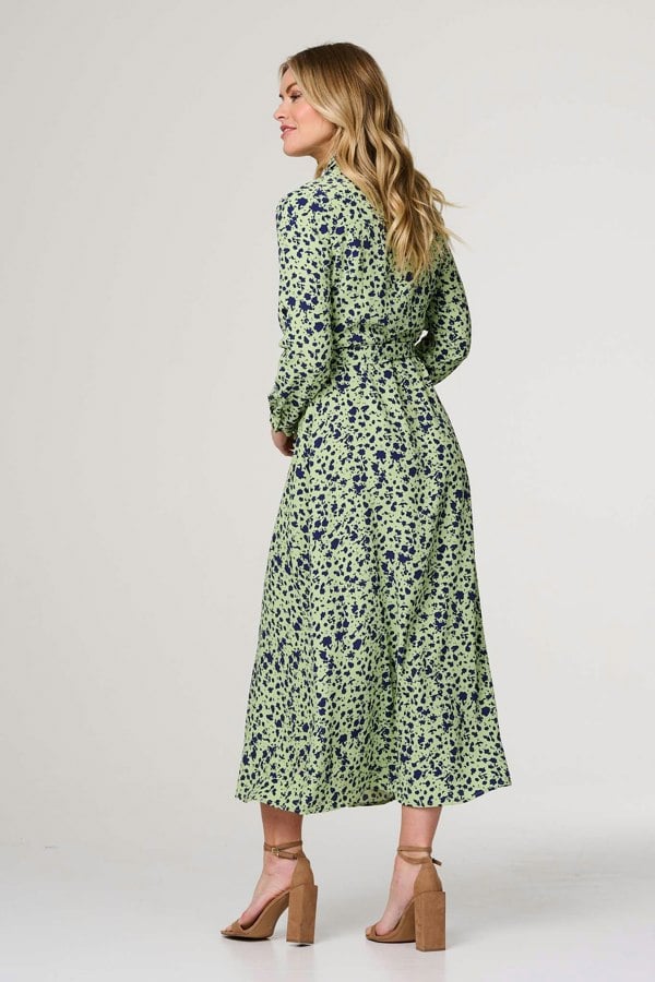 Green | Printed Long Sleeve Midi Shirt Dress
