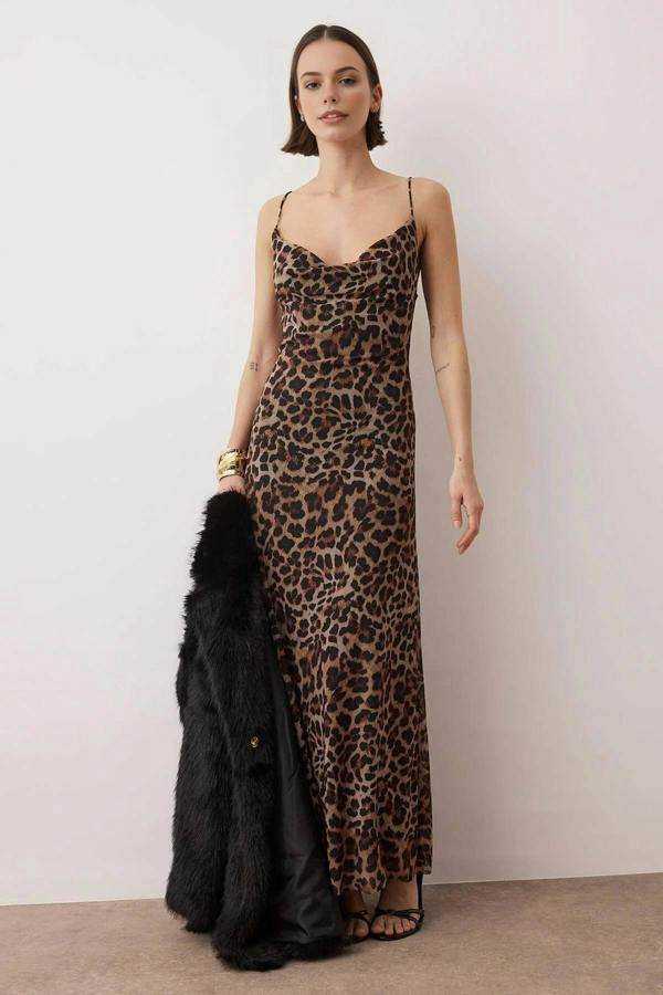 WOVCOR Leopard Print Cowl Neck Tulle Evening Dress