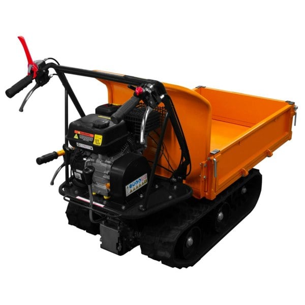 Tracked mini dumper petrol transporter with a bright orange metal bed, black rubber tracks, and a powerful engine for efficient hauling