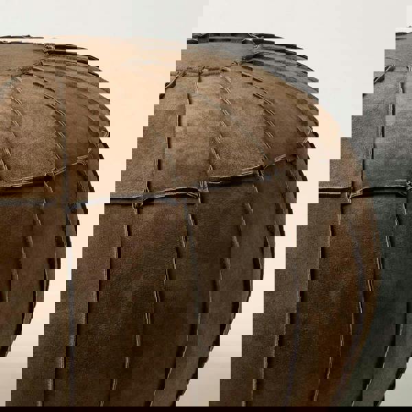 HOMESCAPES Brown Leather & Suede Round Pouffe Footstool